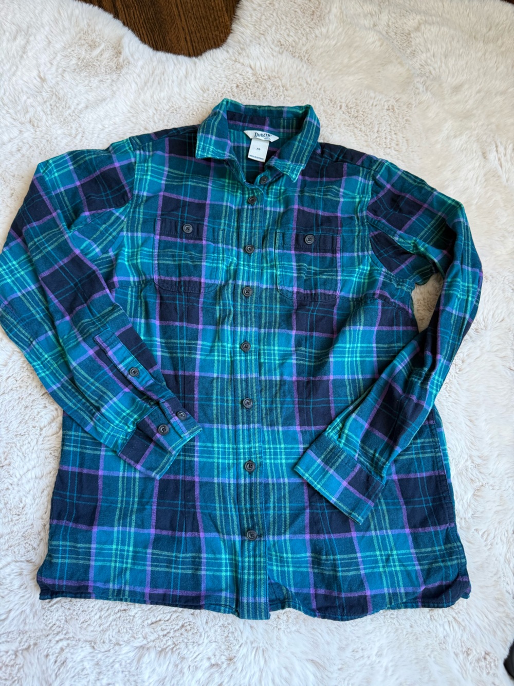 Duluth Trading Co Teal, Navy & Purple Plaid Button-Down Shirt